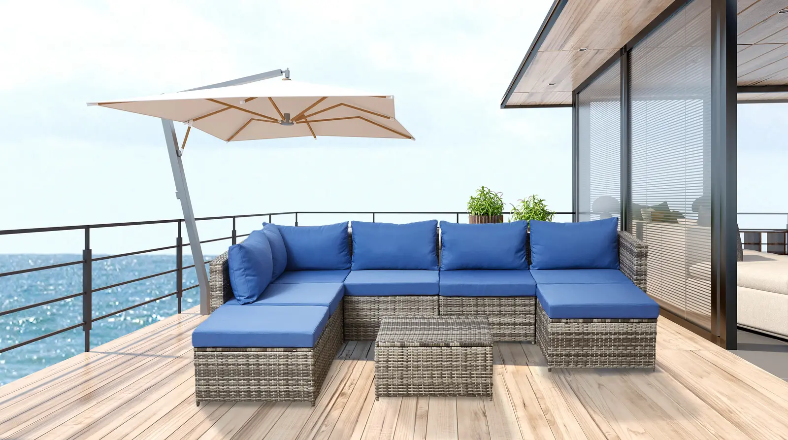 Modular outdoor conversation set arranged on a composite deck